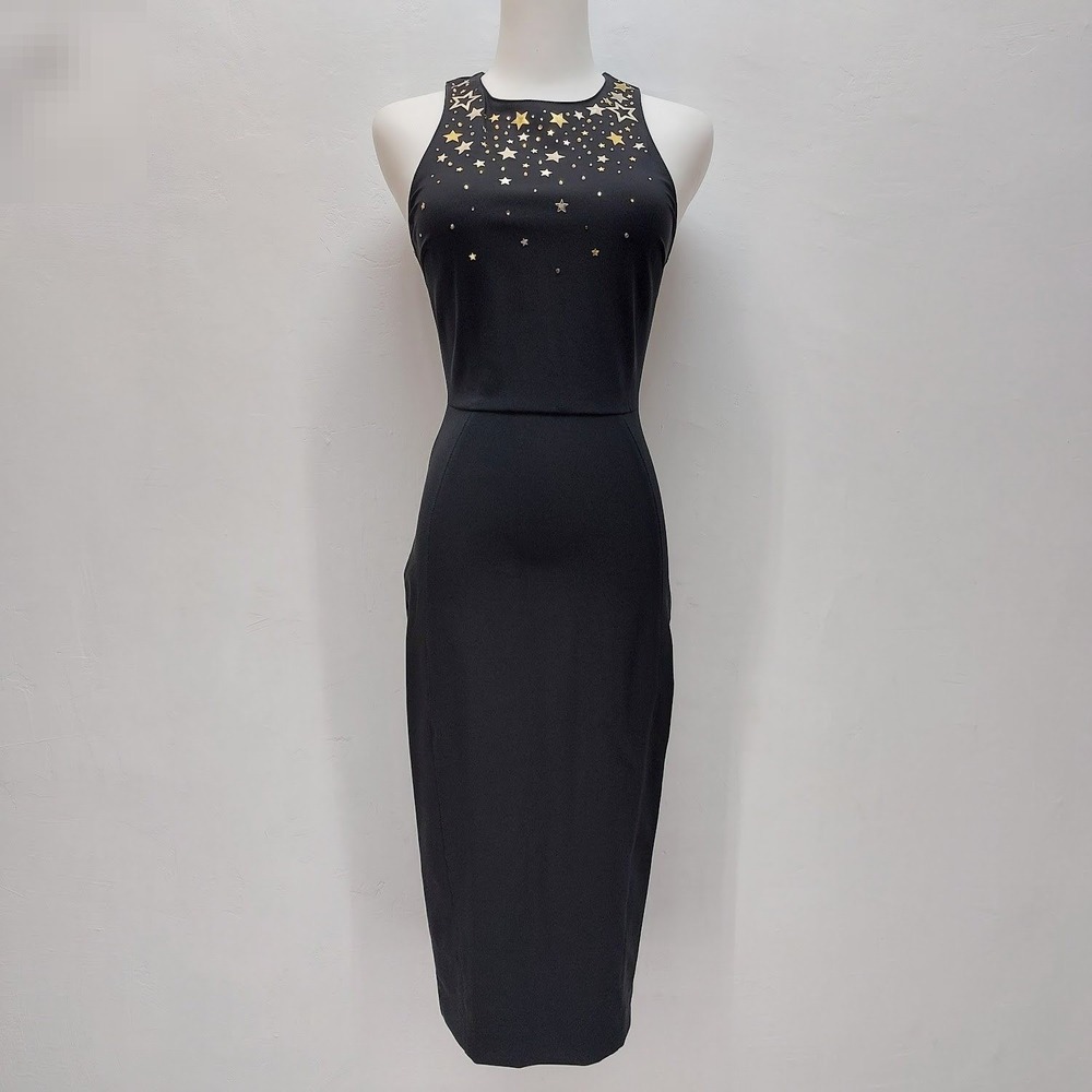 Elisabetta Franchi Sheath Midi Dress Women's IT 40 Celestial Black Star Studded